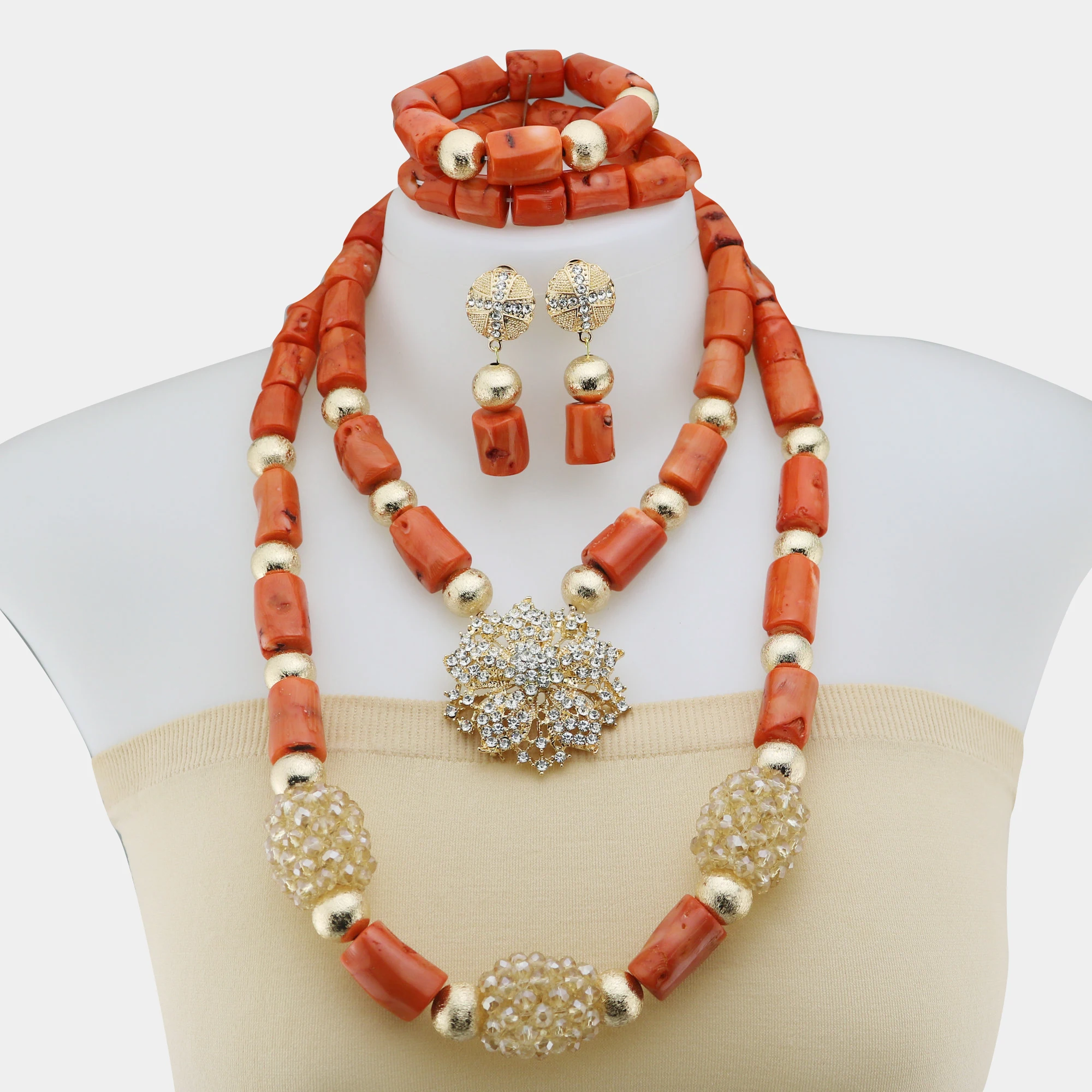 

Natural Coral Beads Bridal Jewelry Sets Nigerian Wedding African Real Coral Jewelry set Necklace Bracelet Earrings Jewelry