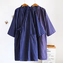 Blue Red Striped Printed Robe for Men 100% Cotton Kimono Men Bathrobe for Spring Autumn 100% Cotton Long Style Men Kimono Robe