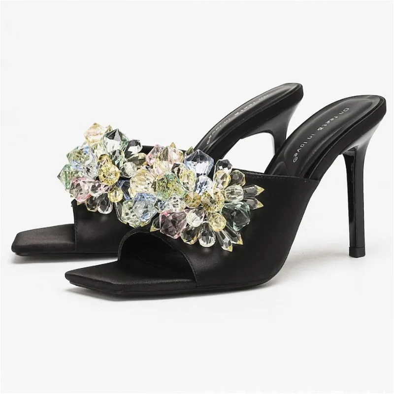 

Crystal Designer Heeled Sandals Women Square Toe Open Toe Stiletto Heels Slides Female Brand Luxury Slippers Party Dress Shoes