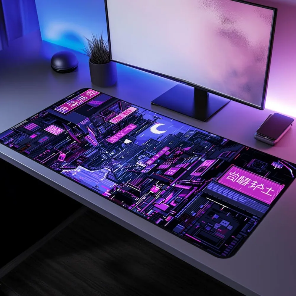 Cyberpunk Pixel Art Desk Mat, Anime Japanese Street Mouse Pad Mouse Pad Gaming Protector Escritorio Muismat Mousepad Branco