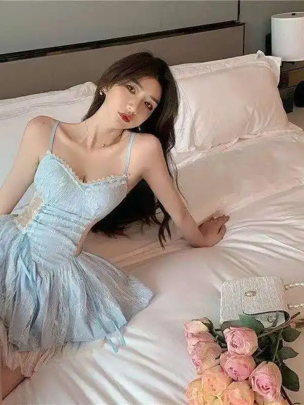 Sexy Suspender Dress Elegant Women's Sweet Pure Desire Lace Hollow Out Slimming Fluffy Dress Blue Sweet Mini Dress Tops TQE8