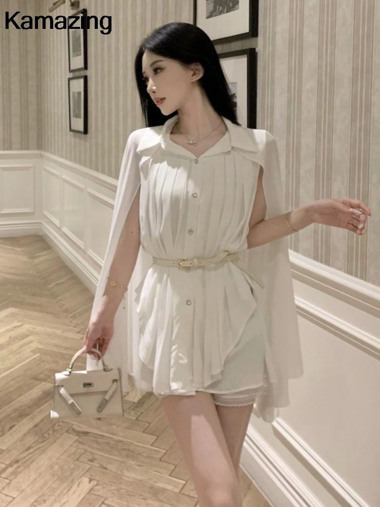 Elegant White Shirt Dress With Belt Office Lady Casual Single Breasted Chiffon Pleated Dresses Women Solid Korean Clothes Summer