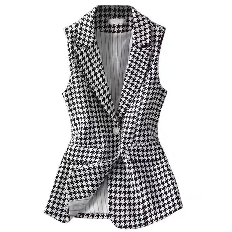 

New Autumn Winter Coat Houndstooth Plaid Wool Vest Women Black White Plaid Slim Sleeveless Woolen Jacket Female Waistcoat Tops