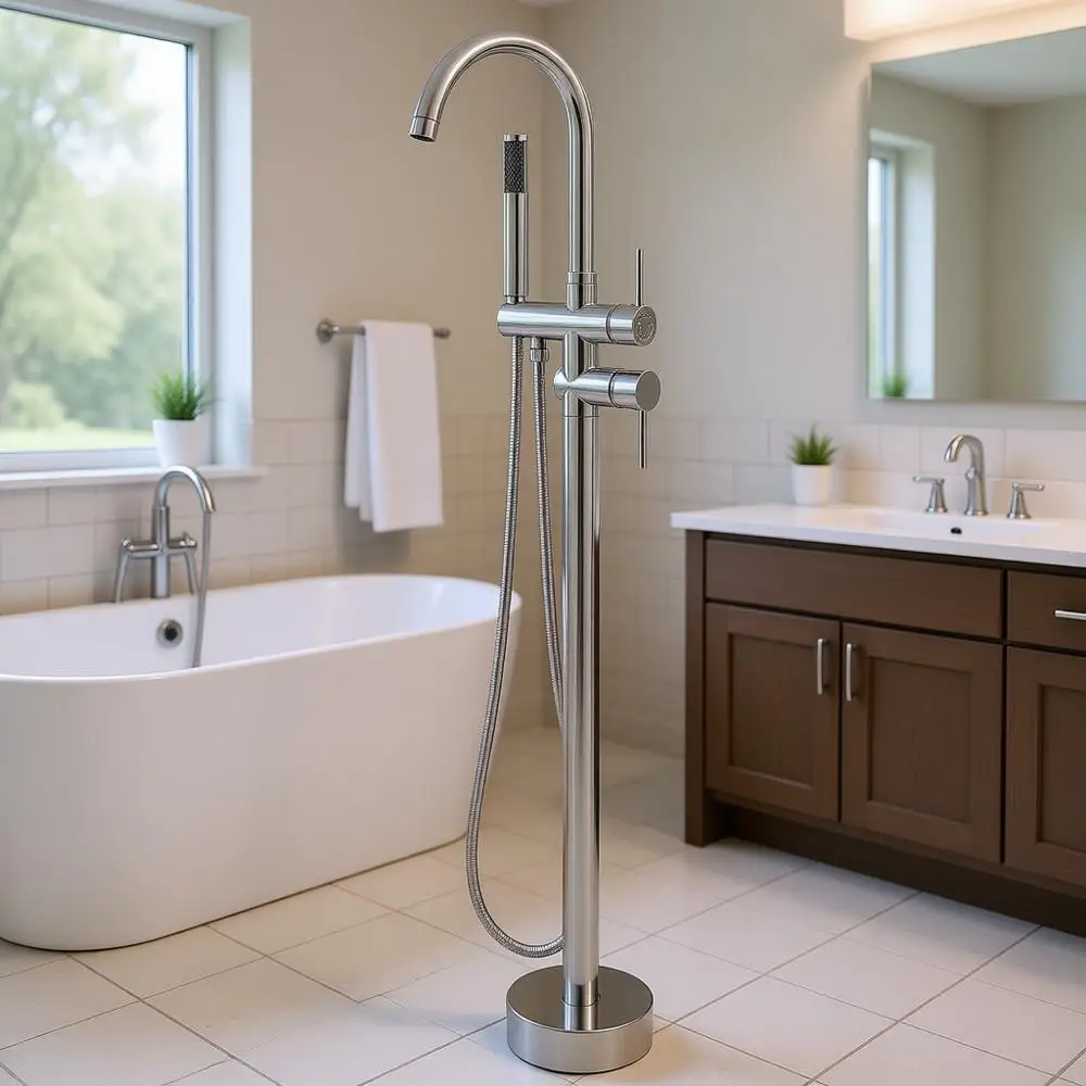 Floor Mount Bathtub Faucet Retractable Tub Shower Mixer Taps Swivel Gooseneck Spout Cylinder Handheld Polished Chrome