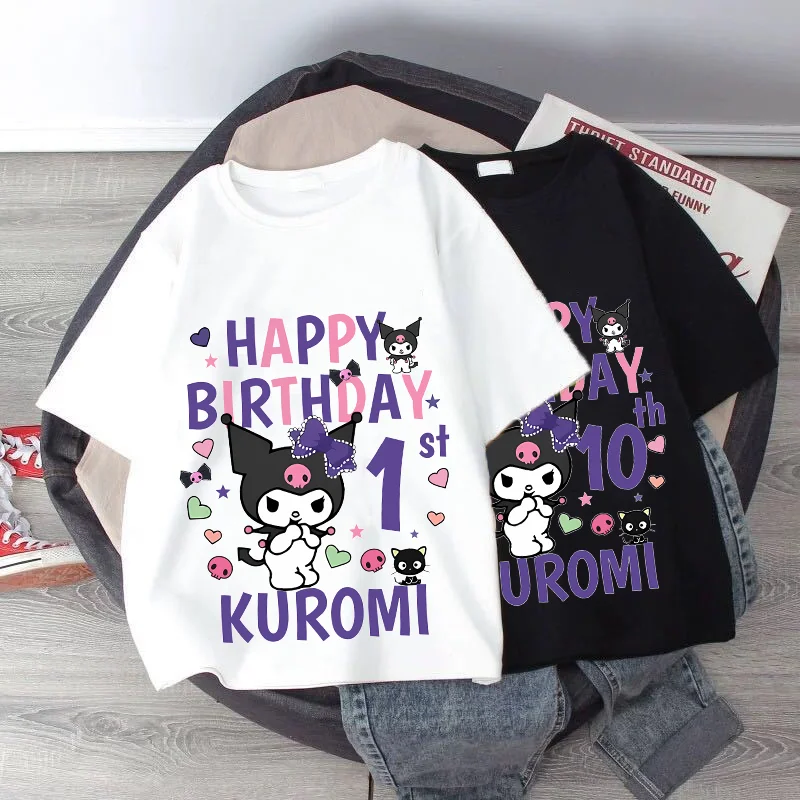 

Футболка Kuromi для детей, новая черно-белая футболка с рисунком Sanrios, милая хлопковая свободная одежда с короткими рукавами для мальчиков и девочек, подарок