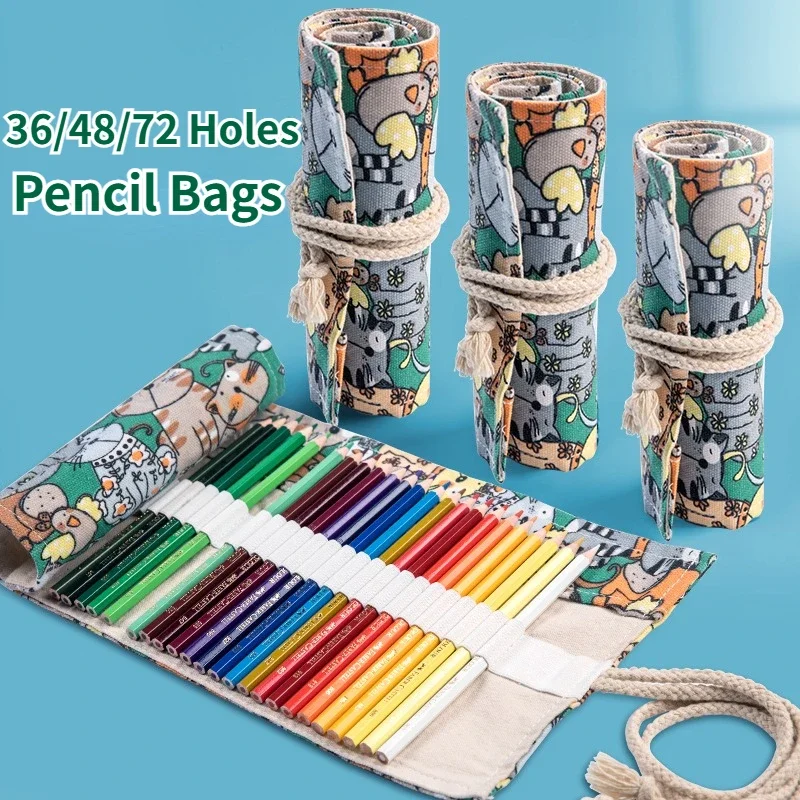 36/48/72 Holes Roll Colorful Pencil Case Cute Cat Large Capacity Art Paint Brush Pen Bag For Girls Boys Kawaii School Stationery