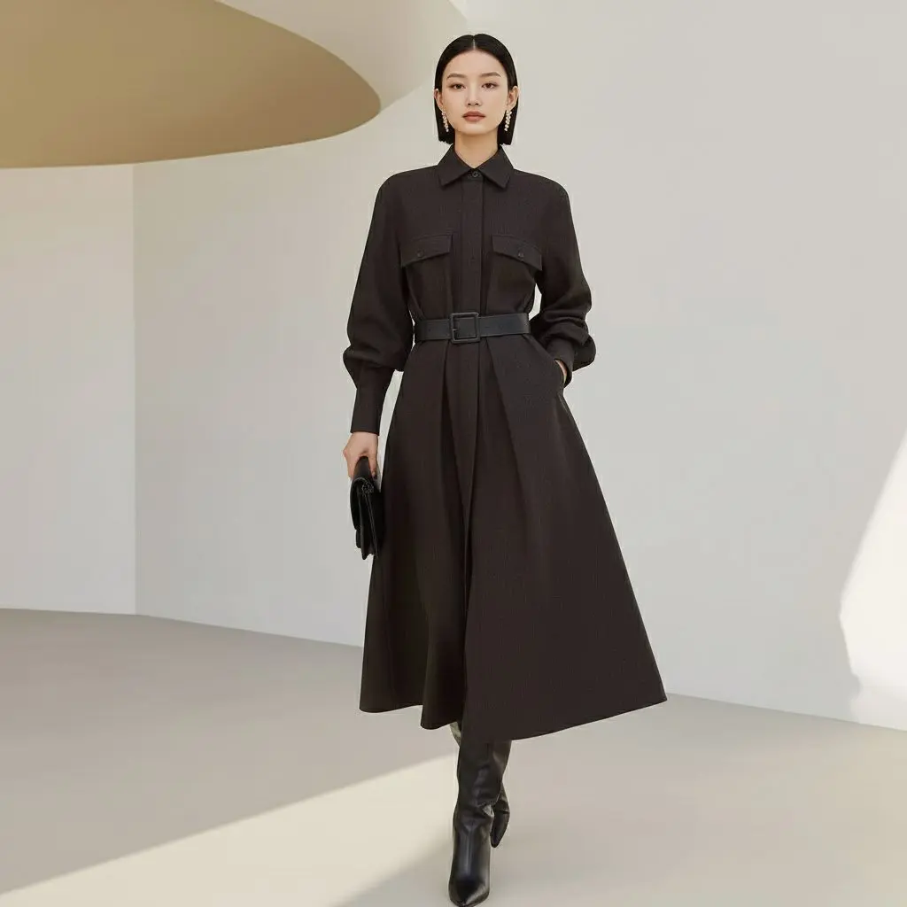 Lockeres, lässiges mittellanges Kleid, Herbst-Winter-Kleidung mit Hemdkragen, geraden Ärmeln, Rock-Stil, modisches Damenkleid