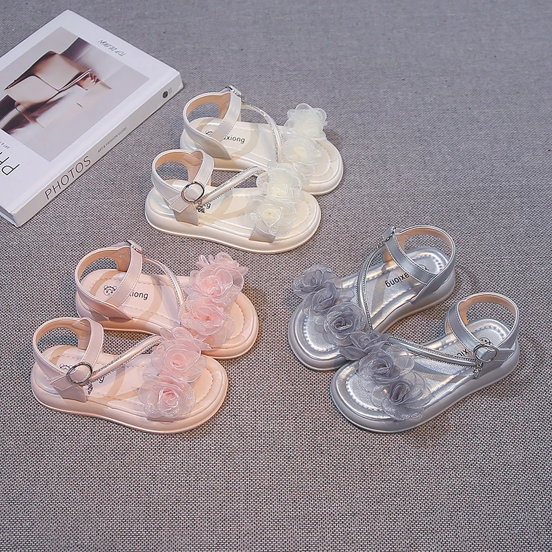 

Summer Toddler Girls Open Toe Sandals Pink Mesh Flower Rhinestone Buckle Non-Slip Soft Sole for Party Wedding Beach Daily Wear