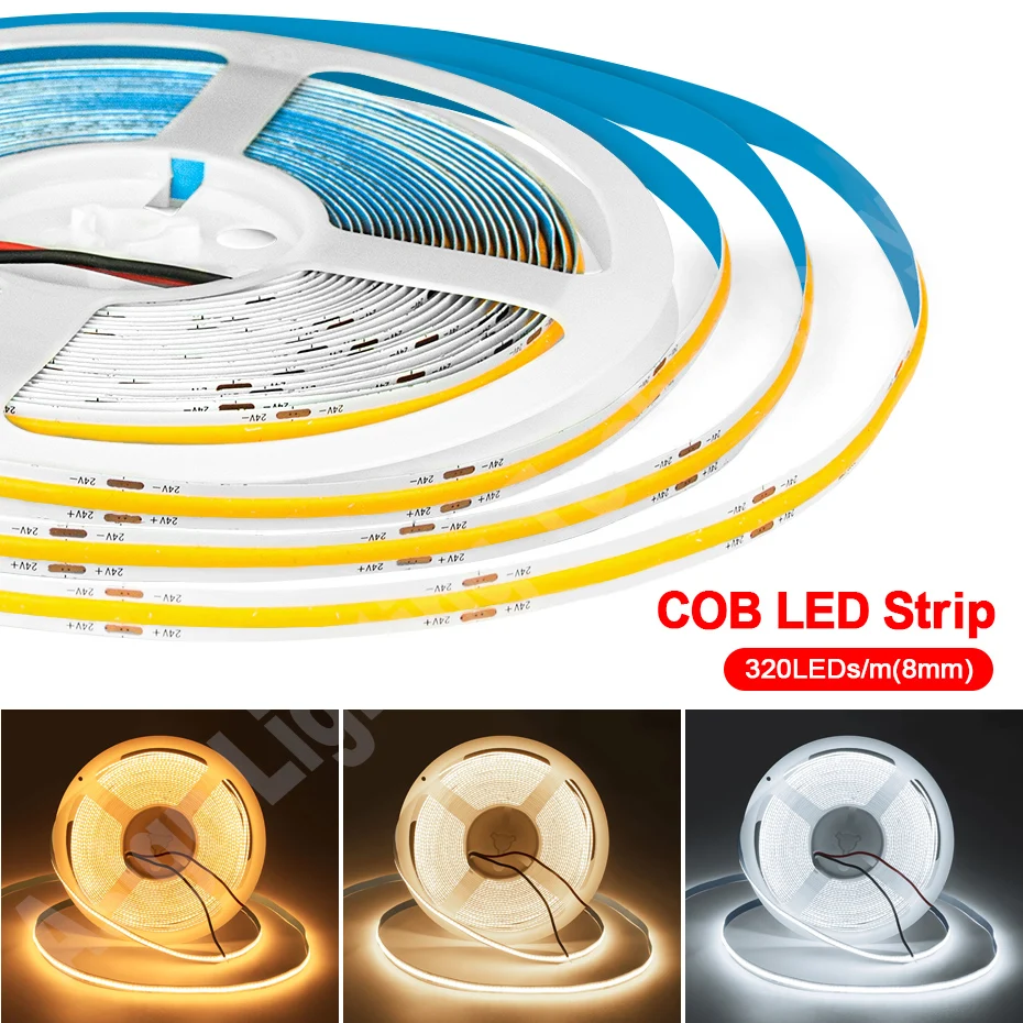 

24V COB Strip Light 320LEDs/M High Density Flexible 8mm COB LED Tape 10m-0.5m RA90 Cold White/Natural White/Warm White Lighting