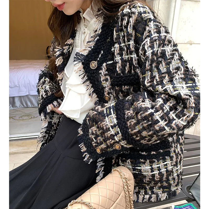 Jmprs Small Fragrance Jacket Women Vintage Weave Tassels Chic Tweed Coat Long Sleeve Lady Tops Elegant Streetwear Loose Jacket