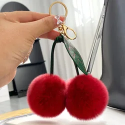 6pcs/set Cute Fluffy Rex Rabbit Fur Ball Pompom Leaf Keychain Cherry Key Chain Handbag Pendant Car Key Chain Ring