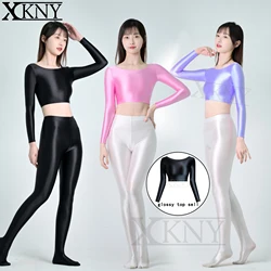 XCKNY satin glossy  long sleeve top Sports Glossy Silk Skinny Yoga swim Expose the navel Thin Bodybutton Long Sleeve Top