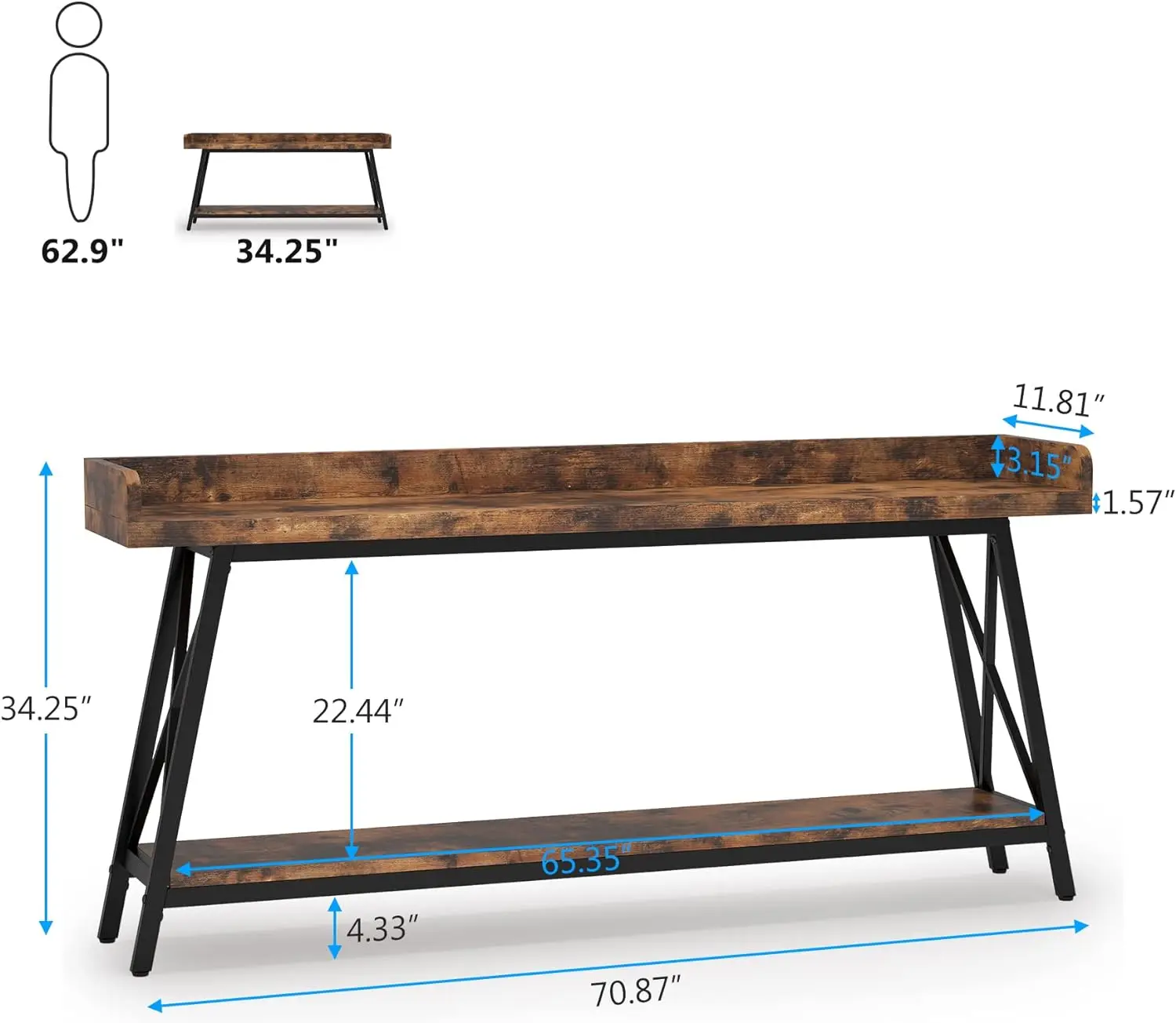 Mesa de consola extralarga de 70,9 pulgadas, sofá Industrial rústico para sala de estar, pasillo de entrada estrecho