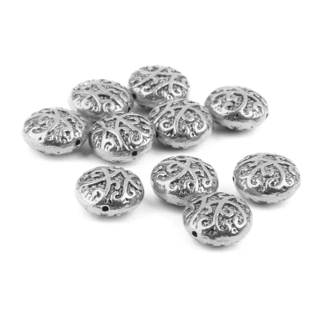 10pc Vintage Style Silver Alloy Charms Carved Spacer Beads for Jewelry Making 14mm