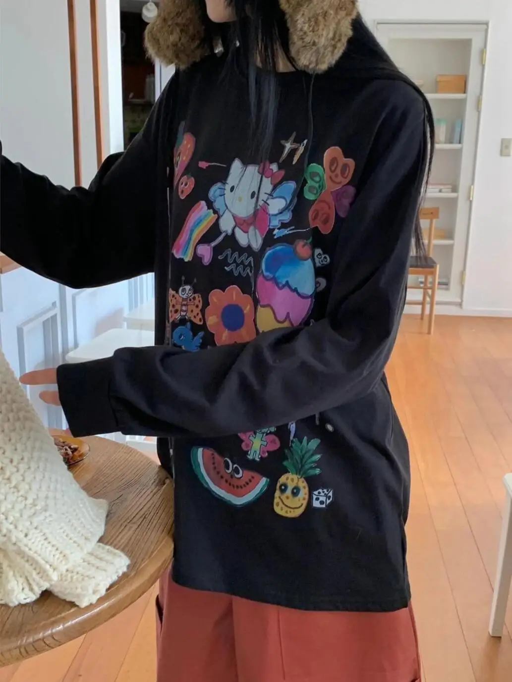 Zestaw Ins fiti Anti-Aging Print Casual Versatile Loose Pure Cotton round Ne Autumn Winter Base Long Sve Women's T-irt