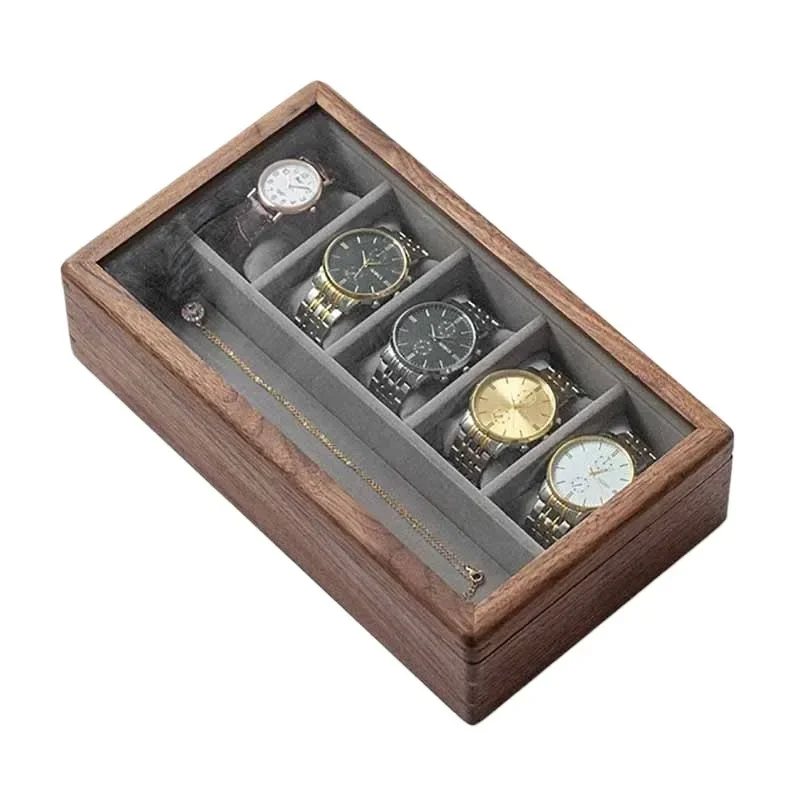 Retro Watch Boxes Black Walnut Solid Wood Wrist Watches Organizer Accessory Transparent Glass Skylight Watch Storage Display Box