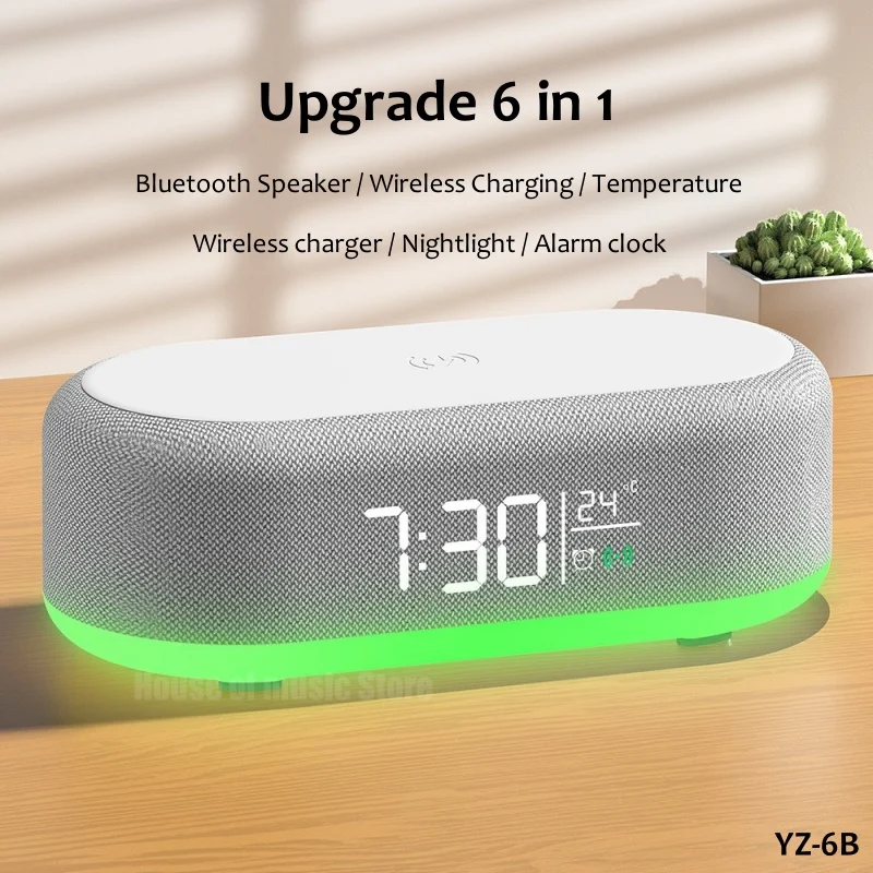 

Portable MultiFunction Bluetooth Speaker Night Light Mobile Phone Qi 15W Fast Charging Station Wireless Charger With Alarm Clock