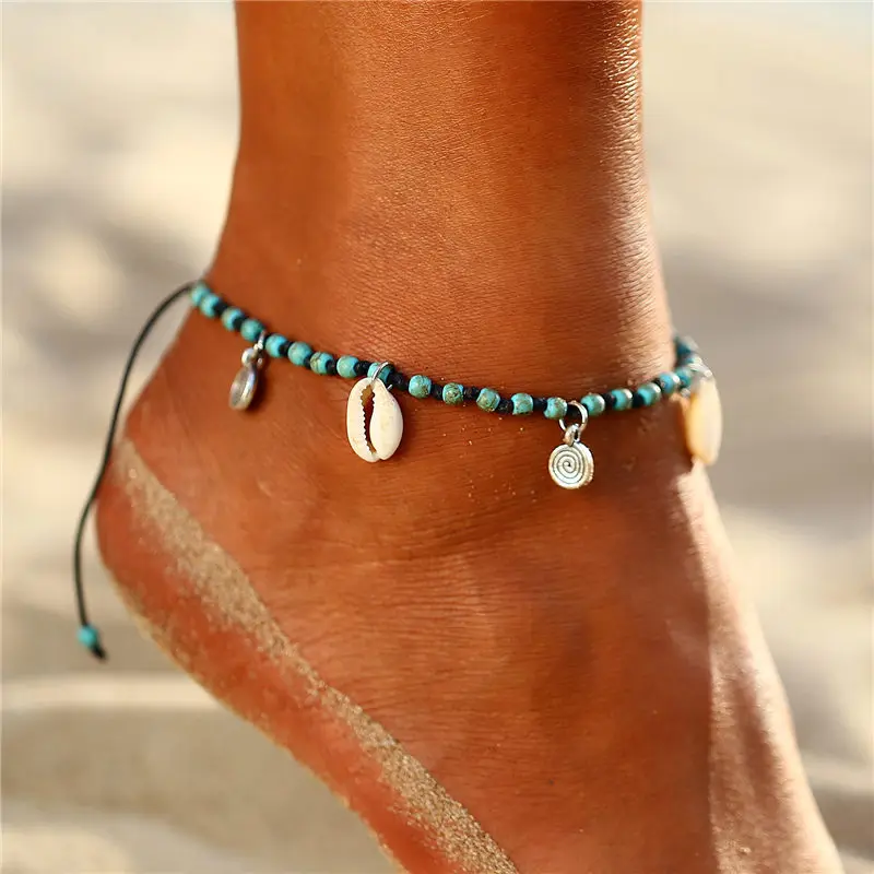 Bohemian Alloy Shell Starfish Anklet Chain Green Bead For Women Stackable Bracelet Barefoot Beach Foot Bridal Jewelry
