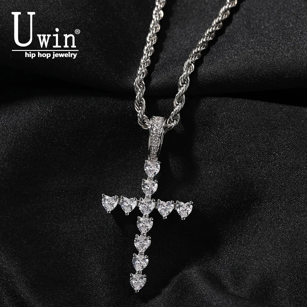 Uwin Heart Cross Tennis Pendant Necklace Hip Hop Jewelry Iced Out Fashion Charm Gifts