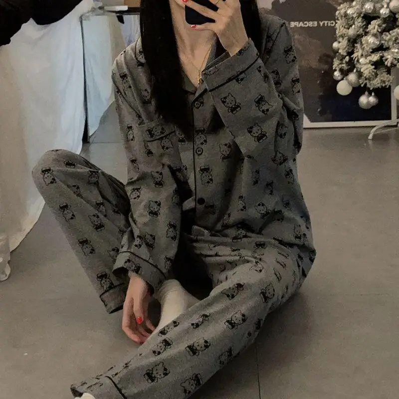 Hallo Kitty frauen Frühling Herbst Neue Nette Gedruckt Nachtwäsche Weibliche Student Casual Langarm Set Hause Kleidung Sanrio Aloe Yoga