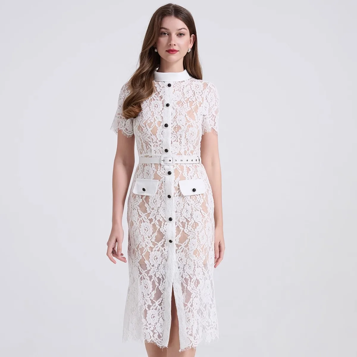 

Summer Fashion Embroidery Lace Patchwork Midi Dress For Women's Elegant Stand Collar Short Sleeve Belt Hollow Out Robe Vestidos