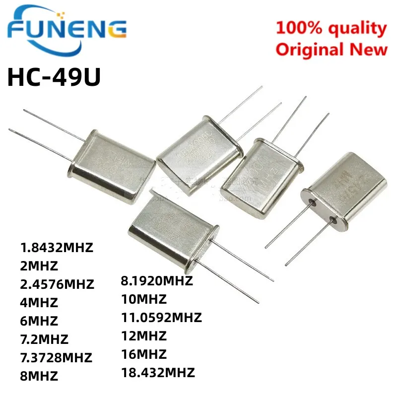 20pcs 49U HC-49U Crystal quartz resonator 1.8432M 2MHZ 2.4576M 4MHZ 6MHZ 7.2M 7.3728M 8MHZ 8.1920M 10M 18.432M 11.0592M 12M 16M