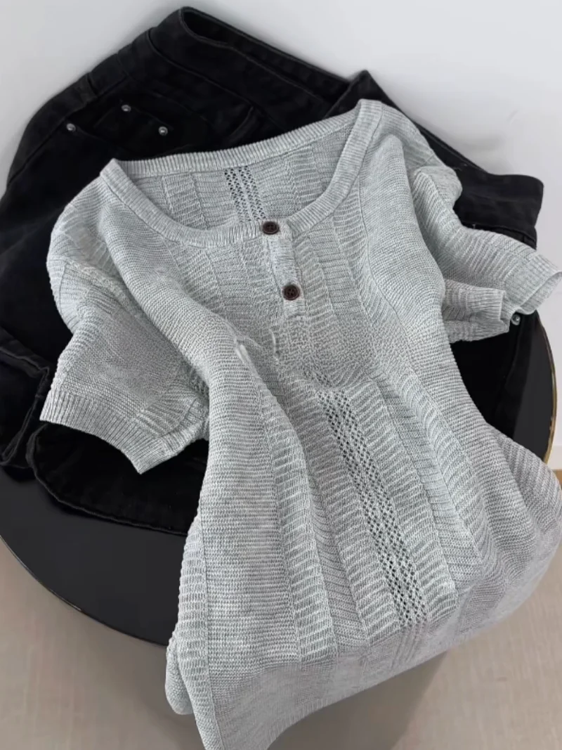 Ladies' round Neck Short Sleeve Knitted Shirt Thin Style Korean Lazy Fashion Summer New Arrival High End Feeling Self Kept Model