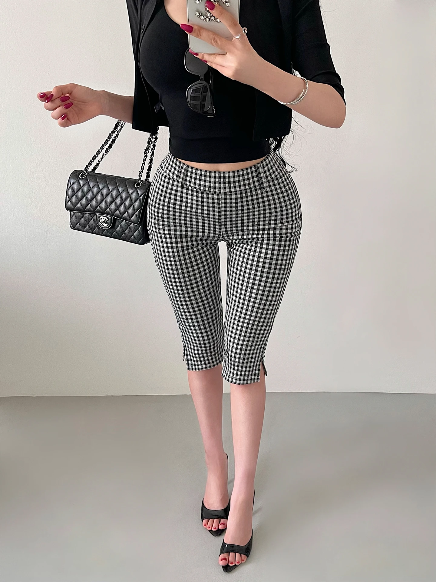 High Waist Flared High Waist Capri Pants Casual Tight Fit Seven Eighths Lengthened Trousers with Side Slits Checkered Pattern