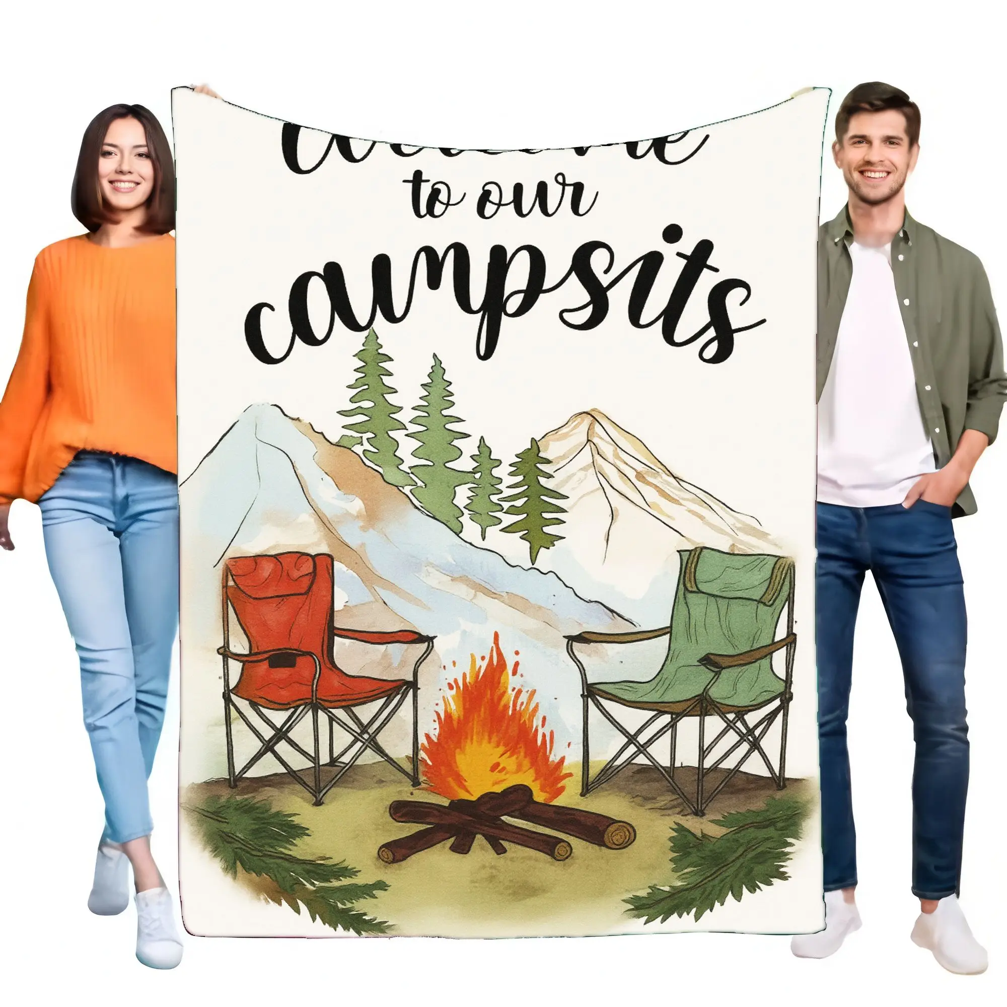 Camping-Themed Blanket with 'Welcome to our Campsits' Design, Soft Cream Color, Perfect for Outdoor Adventures, Cozy Throws, Ide