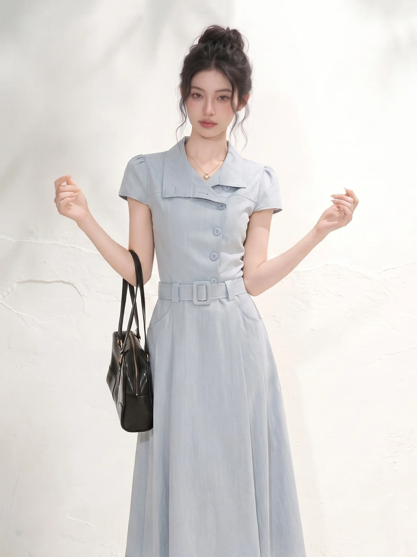 LIXIAOWNA Blue Retro Short Sleeve A-Line Dress Women Summer Beautiful Korean Style Age-Defying High-Quality Long Dress