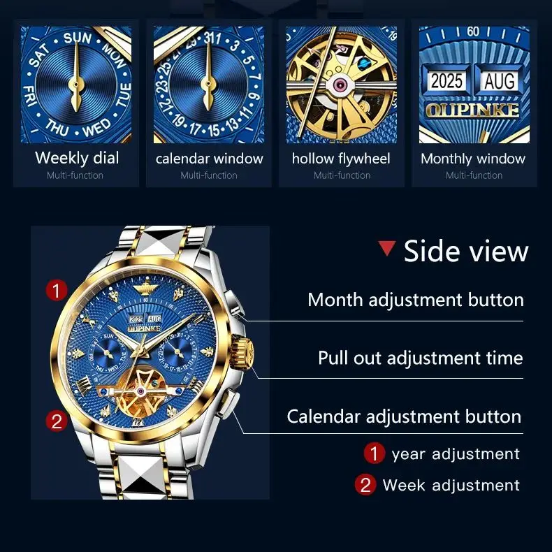 OUPINKE 3270 Automatisch mechanisch herenhorloge Wolfraam stalen band Multifunctioneel Datum Waterdicht Lichtgevend herenpolshorloge