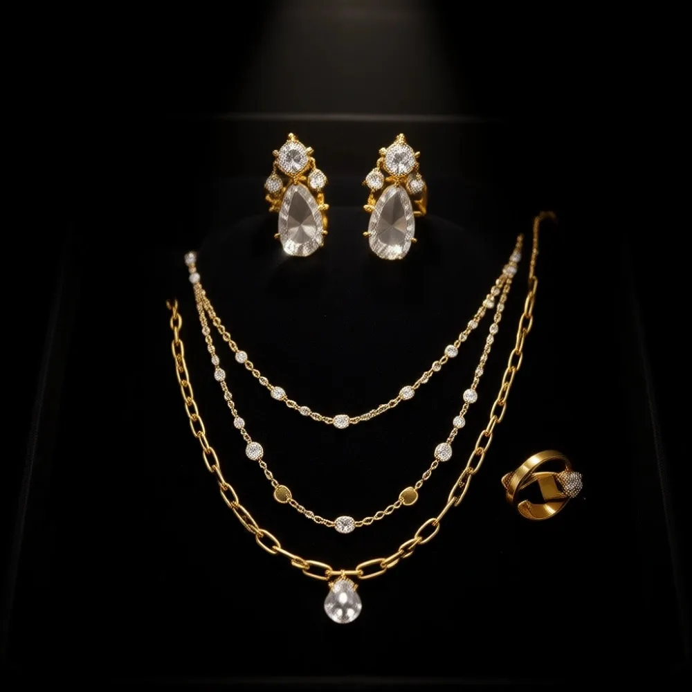 

Набор ювелирных украшений из 55 предметов с золотым покрытием: жемчужные, сердцевидные, крестообразные, в форме ракушки подвески, ожерелье, браслет, серьги-кольца, кольца на пальцы