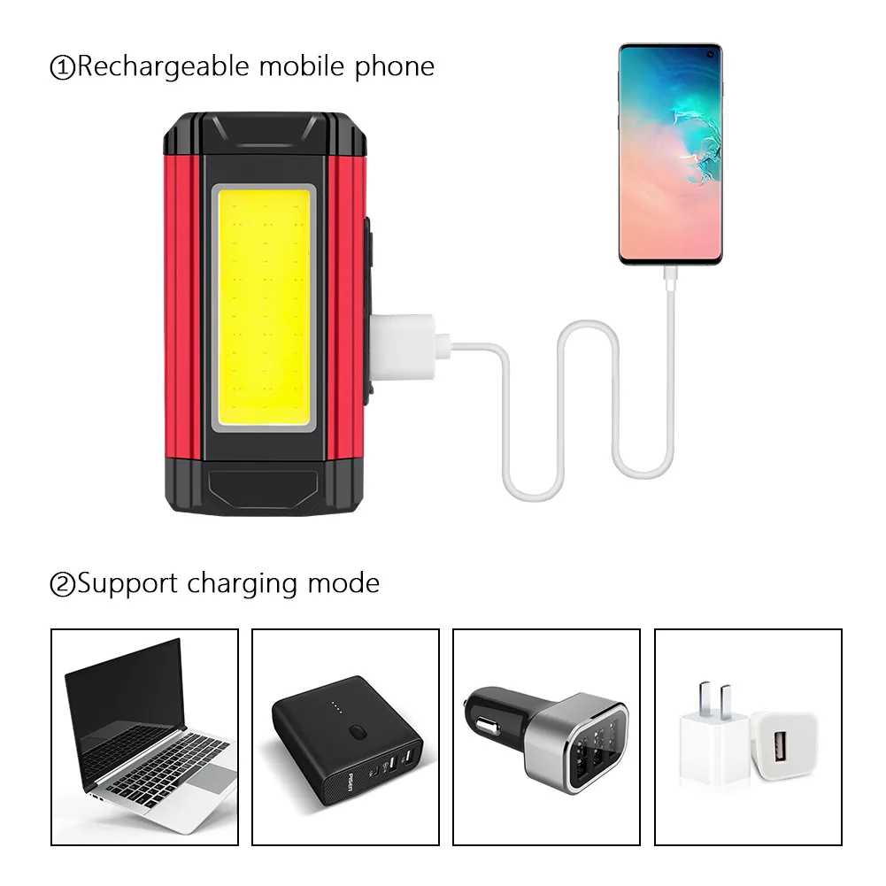 Linterna LED de trabajo COB con carga USB magnética, lámpara de doble fuente de luz con batería integrada 18650, entrada y salida