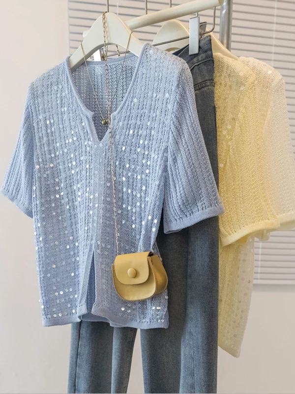 

Unique Beautiful V-Ne ort Sve T-irt Women Summer Thin Slimming Ice Silk Knitted Top Korean Sle Loose Fit Pure Color