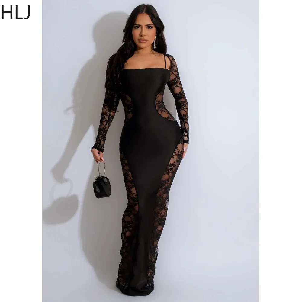 HLJ Sexy Lace Splicing Bodycon Floor Dresses Women Square Neck Long Sleeve Backless Slim Vestidos Fashion Party Club Clothing