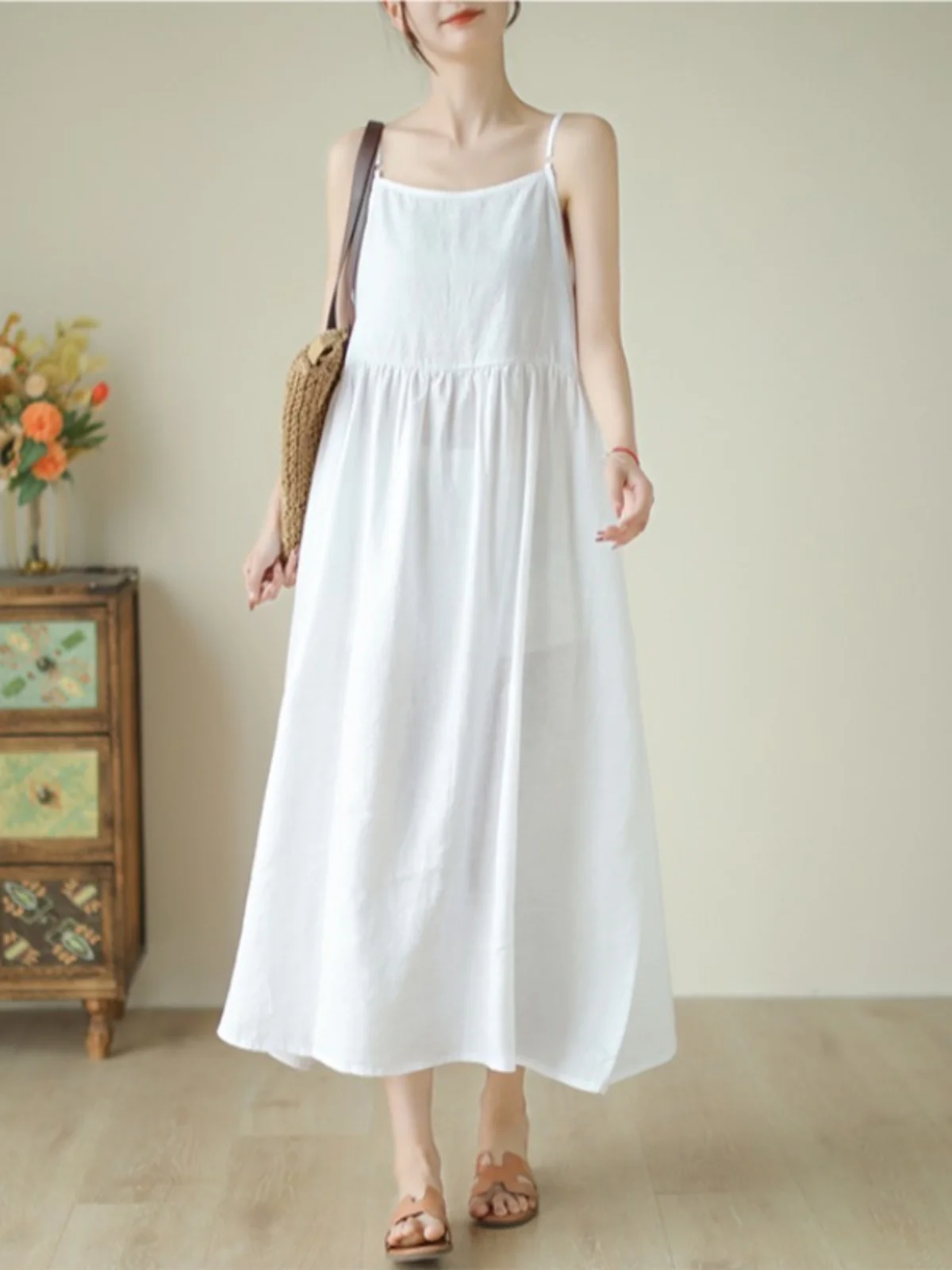 Artistique ample coton lin Midi Dr Svel mince Simple a-ligne robe Vintage Sle décontracté été Faion femmes Dr