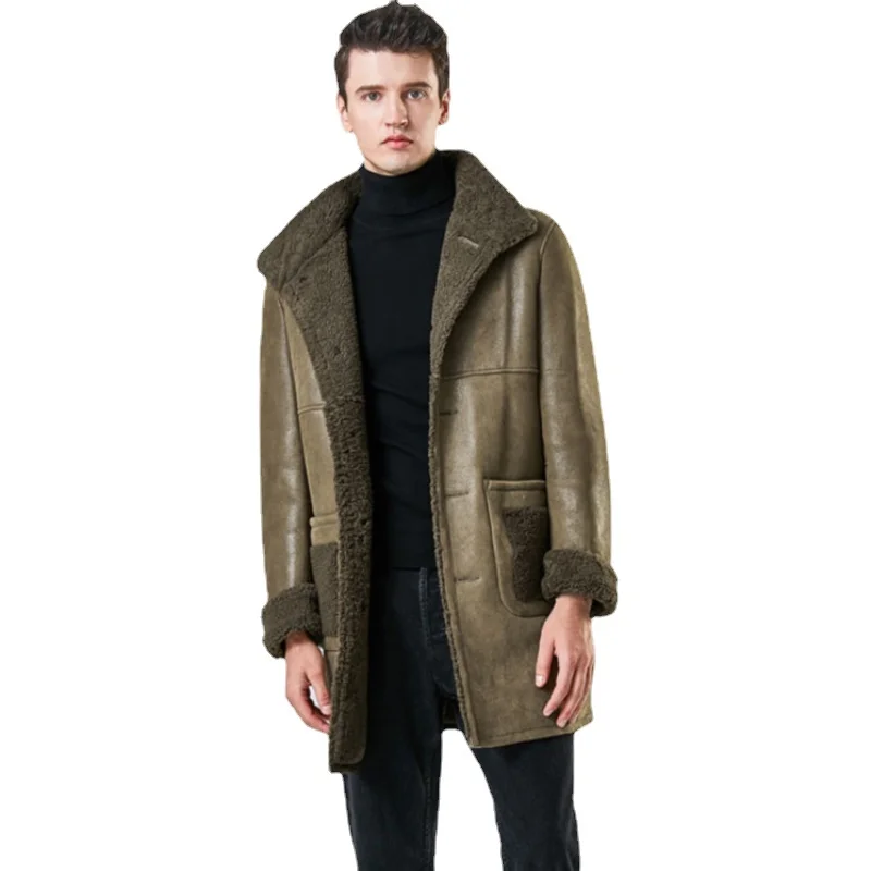 New Sheepskin Fur Coat Winter Mens Army Green Lapel Long Overcoat Real Leather Sherling Jacket Men Clothing Plus Size 6XL