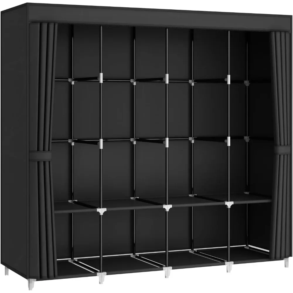 67 Inch Large Capacity Portable Closet Wardrobe with Non-Woven Fabric Cover, 4 Hanging Rods, 8 Shelves - Black Clothes Storage