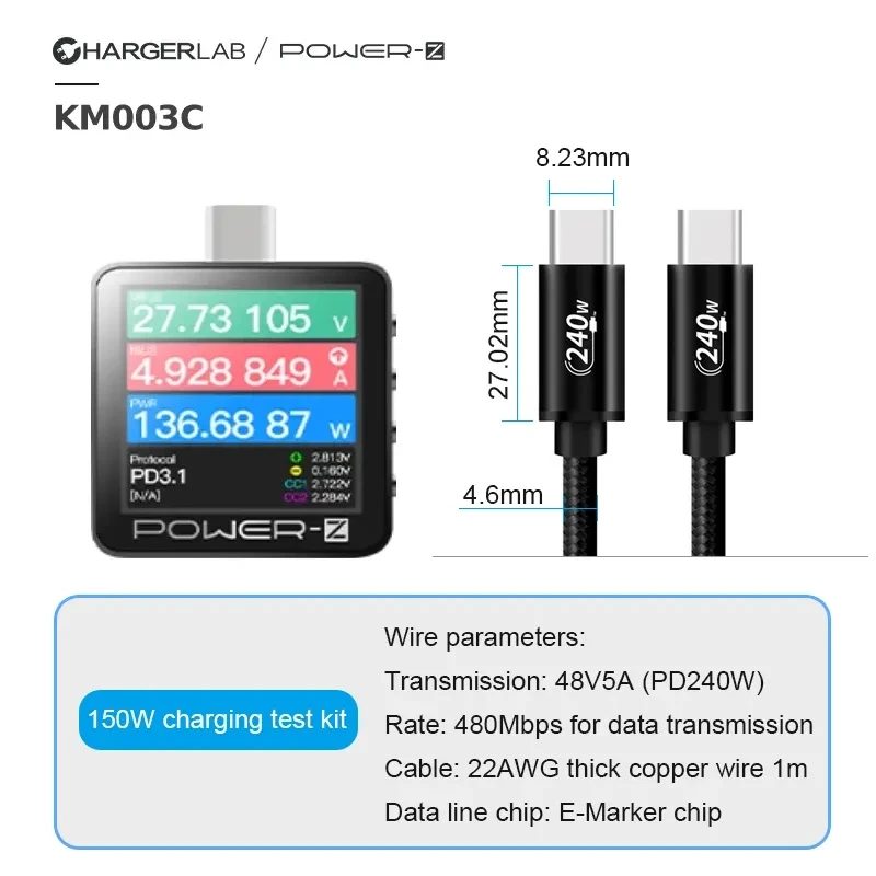 POWER-Z Tragbarer KM003C Typ-C Micro-USB-Tester für Ladegerät, Spannung, Strom, QC3.0, PD-Protokolldetektor, Motherboard-Reparatur