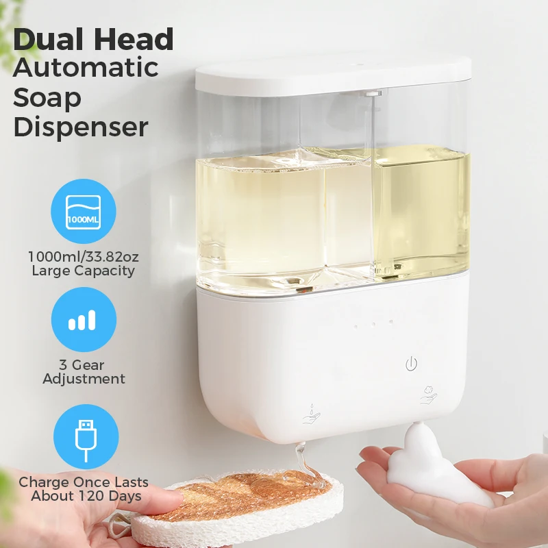 

Automatic Soap Dispenser 1000ml Double-Head Touchless Rechargeable Foam Hand Sanitizer Dispenser with 3 Levels Adjustable for Ki
