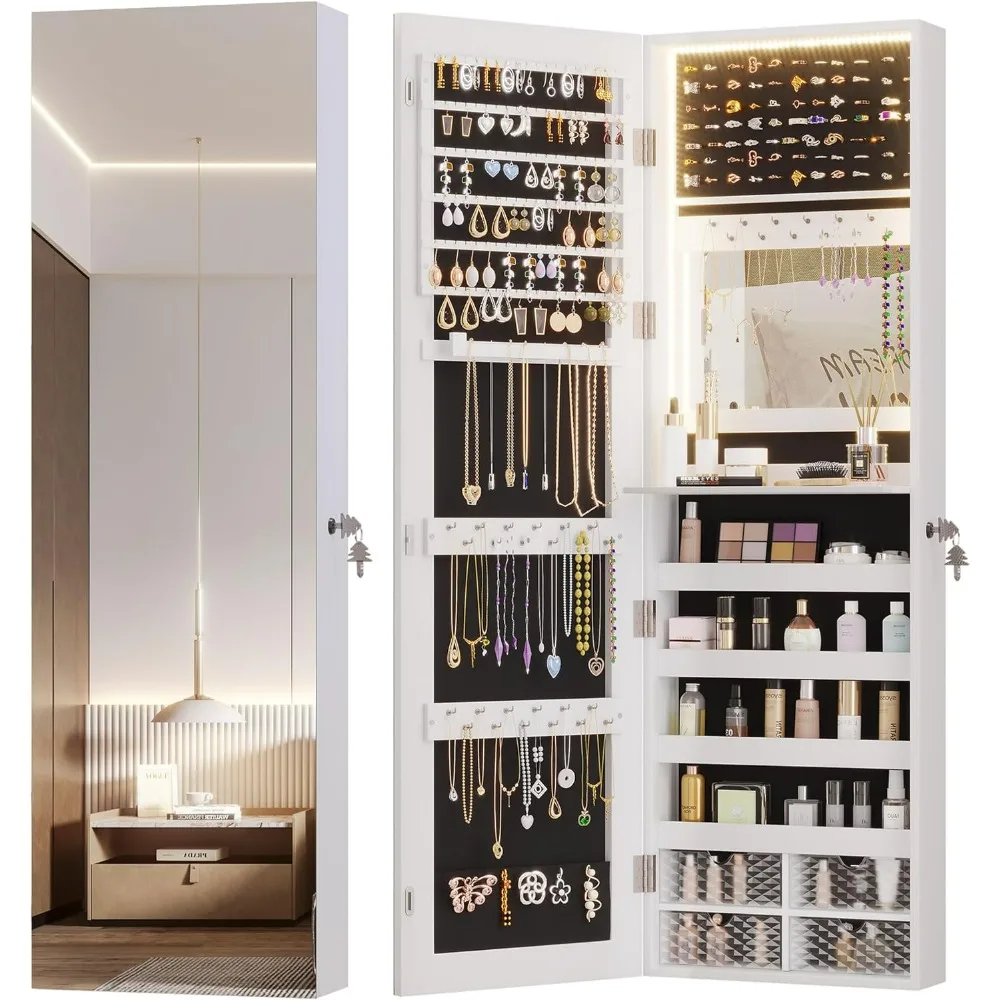 LED Jewelry Mirror Cabinet,Wall/Door Mounted Jewelry Armoire Organizer with Full Length Mirror,Large Storage Hanging Cabinet