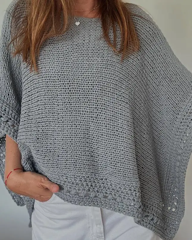 

Solid Three Quarters Batwing Sleeve Hollow-out Pattern Edges Casual Knit Top