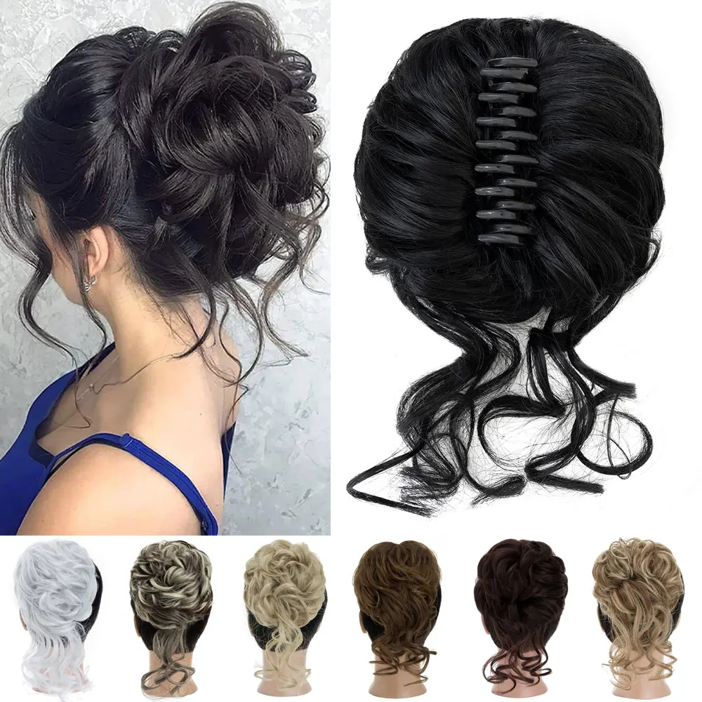 Snoilite Synthetic Messy Curly Claw Hair Bun Chignon Hair Extensions Scrunchy Fake False Hair With Tail for Women Hairpieces