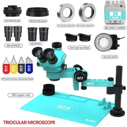RF4 nowy zestaw mikroskop Stereo trójokularowych składanych ramię wahadłowe z mata silikonowa izolacyjnym do profesjonalnej naprawy lutowania PCB