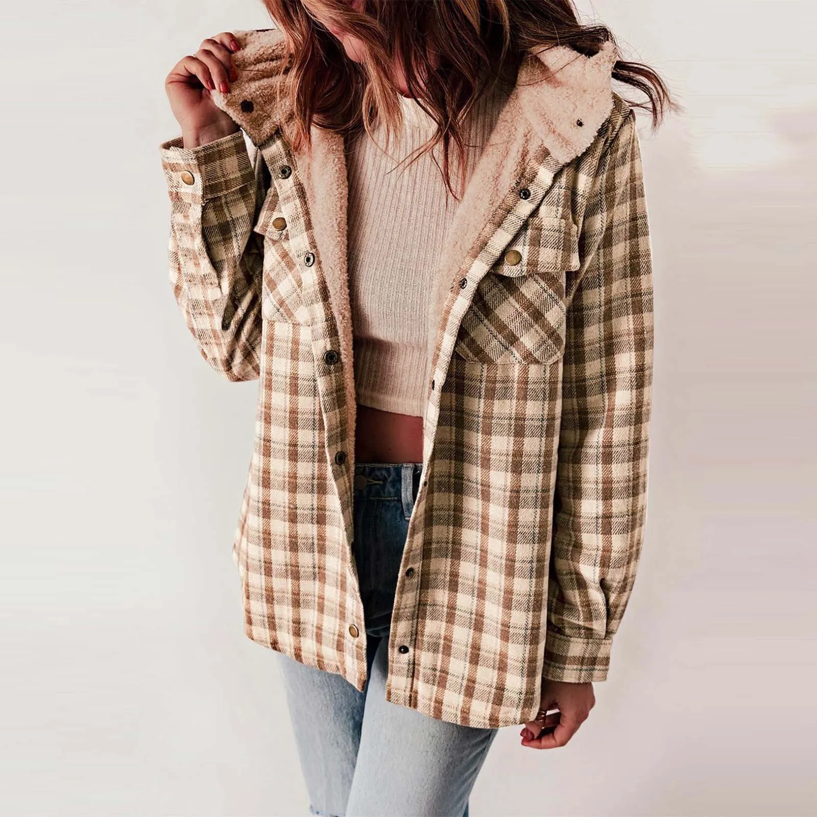 

Winter Jackets For Women Fashion Plaid Warm Fleece Long Sleeve Button Down Hooded Shacket Jacket Female Wool Coat Streetwear