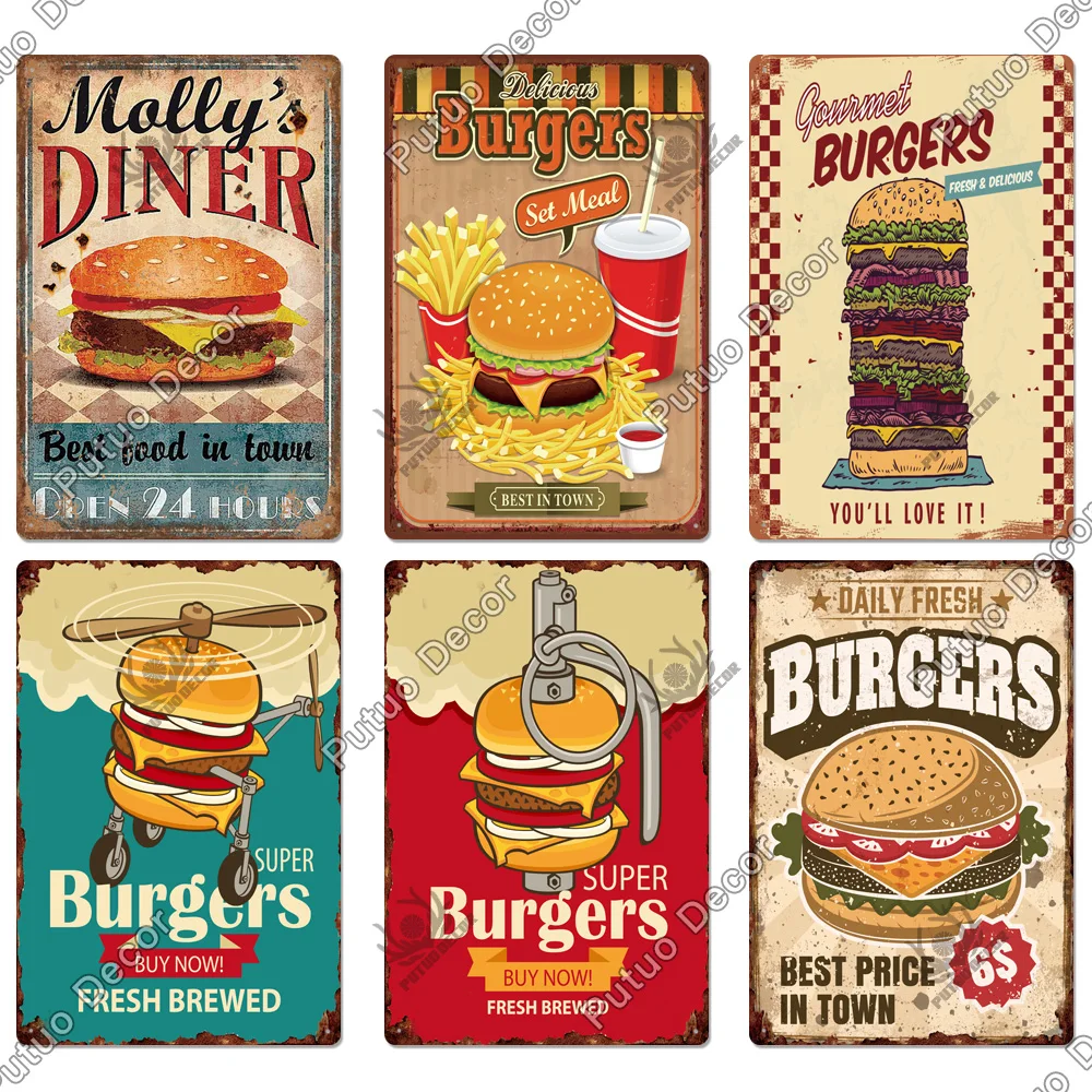 Putuo Decor Hamburger Fast Food Plaque Metal Vintage Tin Sign Restaurant Wall Posters for Kitchen Cafe Diner Bar Iron Painting