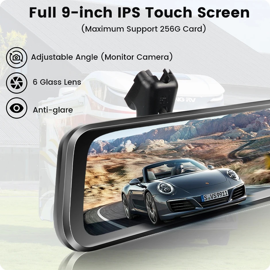 GreenYi Full HD 9 Inch Recorder Car Parking DVR Mirror Monitor 2.5K Pixel 1080P Rear View Camera Automobile Dash Cam Dual Lens