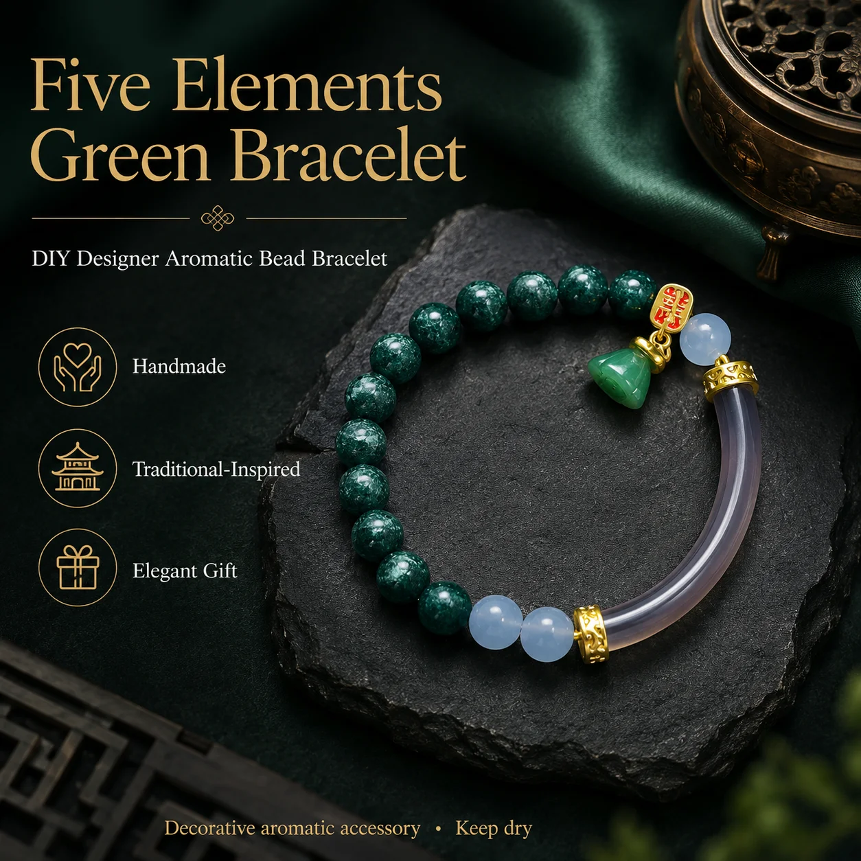 Five Elements Green Incense Bracelet Ming Dynasty Classic Formula Woody Herbal Aromatherapy Bracelet Mood Soothing Refreshing Un
