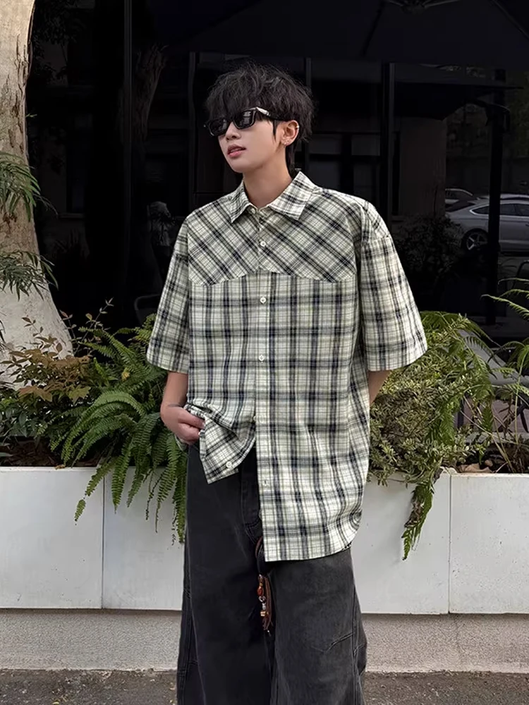 

American Retro Plaid ort Sve irt Men Summer Cleanfit High Collar Five Seven Sve irt Loose Fit Youth Trend Summer ...