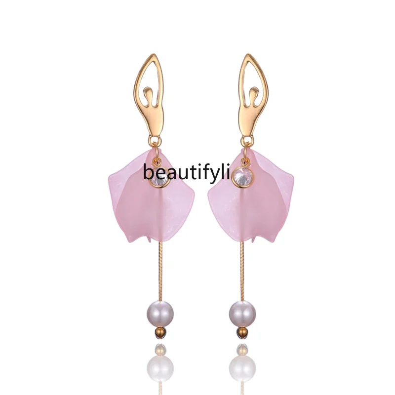 Temperament Flower Earrings Women's, New, Super Fairy Petal Pearl Long Earrings Sterling Silver Hypoallergenic